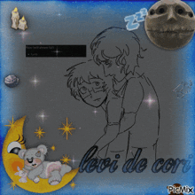 a drawing of a man hugging another man with the words " lori de con " written on the bottom