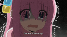 a girl with pink hair is saying " society is too scary "