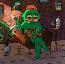 a cartoon of a green monster smoking a cigarette and holding a cat