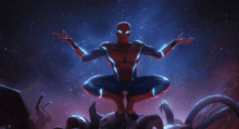 a spider-man sitting on top of a spider with his hands outstretched