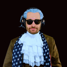 a man wearing a wig and sunglasses has headphones on his ears