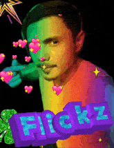 a man is surrounded by hearts and the word flickz is in the foreground