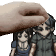 a hand is touching a man and a woman in a pixel art .