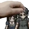 a hand is touching a man and a woman in a pixel art .