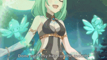 a girl with green hair is surrounded by fairies and the words done with my hits for the month