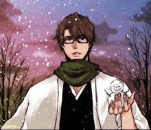 a drawing of a man with glasses holding a snowman with the name scotty on it
