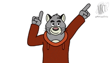 a cartoon of a cat wearing a red sweater pointing up