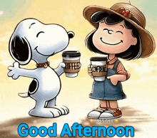 a cartoon of snoopy and lucy holding cups of coffee and saying good afternoon .