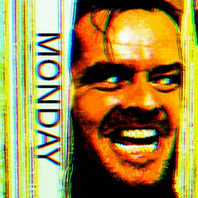 a man behind a door with the word monday behind him