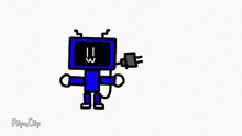 a cartoon drawing of a blue robot with a plug attached to it .