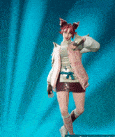 a girl with red hair is wearing a white jacket and a pink skirt