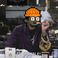a pixel art of a man smoking a cigarette with the words fo shizzle