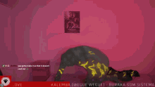 a person laying on a bed with a poster on the wall behind them that says kalemba [ wegue wegue ]