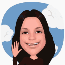 a cartoon woman is smiling and waving her hand in front of a blue sky with clouds .