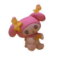 a pink stuffed animal with a yellow bow and a chicken on her head