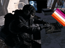 a man wearing a mask is typing on a laptop with a lesbian flag in the background