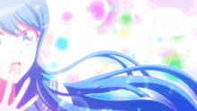a girl with long blue hair is surrounded by pink and blue circles