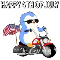 a penguin is riding a motorcycle with the words happy 4th of july written above it