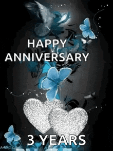 a happy anniversary 3 years greeting card with hearts and butterflies