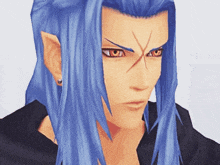 a close up of a video game character with blue hair and red eyes