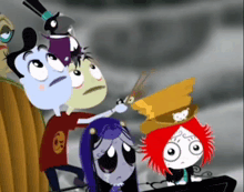 a group of cartoon characters including a girl with red hair and purple hair