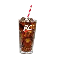 a glass of rc cola with ice and a red and white striped straw
