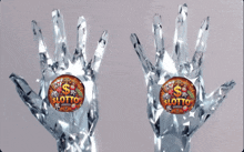 a pair of crystal hands with a lottery logo