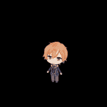 a cartoon character with orange hair and brown eyes is standing on a black background .