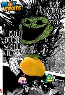 a poster for blox fruits with a troll face