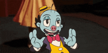 a cartoon character wearing a yellow hat and bow tie