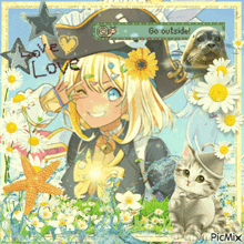 a picture of a girl in a pirate hat with flowers and a cat with the words go outside written on it