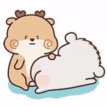 a cartoon of a deer and a hamster laying next to each other on the floor .