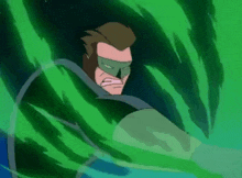 a man in a green mask is surrounded by a green lightning bolt