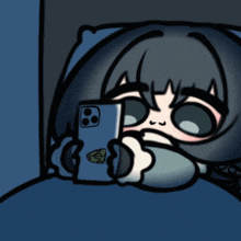 a cartoon of a person laying in bed looking at a cell phone