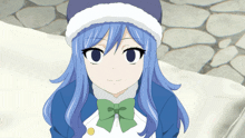 a girl with blue hair wearing a hat and bow tie