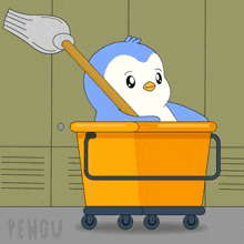 a penguin is in a yellow bucket with a mop