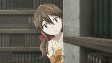 a girl with brown hair and a red bow is peeking out from behind a pillar