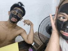 a man and a woman with black face masks on