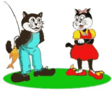 a cartoon of a cat holding a fishing rod next to a girl