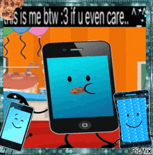 a phone with a sad face and a cookie in its mouth