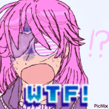 a drawing of a girl with pink hair and the words wtf written below her