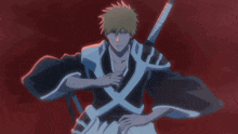 a man with yellow hair and red eyes is holding a skeleton
