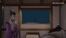 a man and a woman are standing next to each other in a room with chinese writing on the bottom