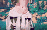 a woman with a white shirt tied around her waist stands in a forest