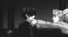 a black and white drawing of a man holding a woman with the words forlorn clover-trash written on the bottom