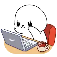 a cartoon of a seal using a laptop next to a cup of tea