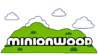 a logo for minionwood with a green hill and clouds in the background