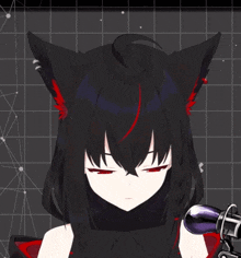 a girl with black hair and red eyes has a cat ear on her head