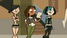 three cartoon girls are standing next to each other and one of them is holding a piece of paper