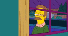 a man with a mustache is looking out of a window at night .